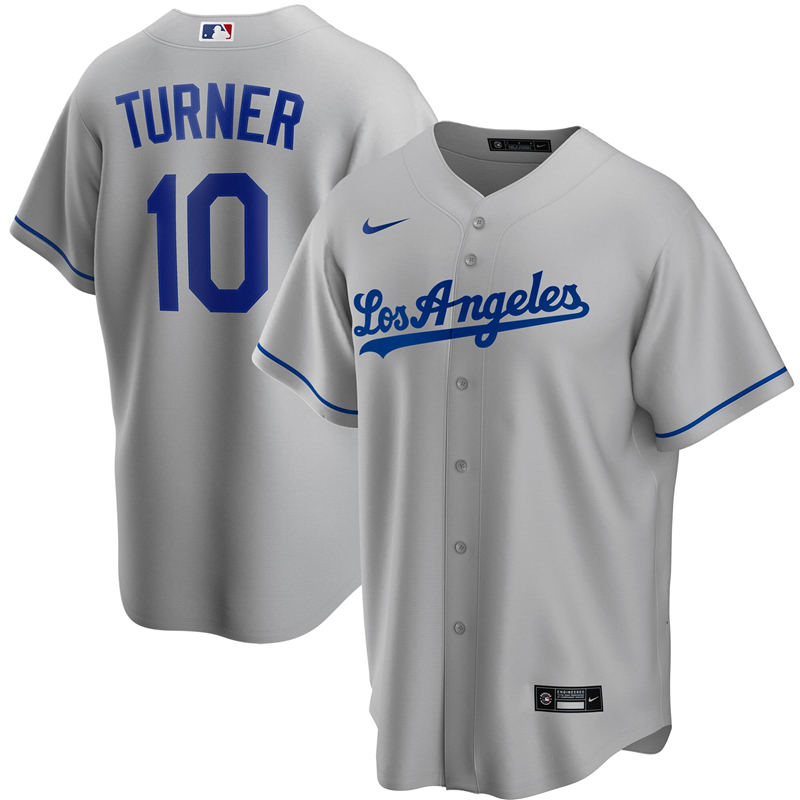 2020 MLB Men Los Angeles Dodgers Justin Turner Nike Gray Road 2020 Replica Player Jersey 1